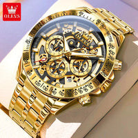 Mandotos OLEVS luxury men's gold skeleton stainless steel chronograph wristwatch with luminous dial and waterproof quartz movement.