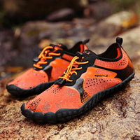 Mandotos outdoor hiking shoes in earthy tones with rugged soles, designed for trail walking and outdoor adventures.