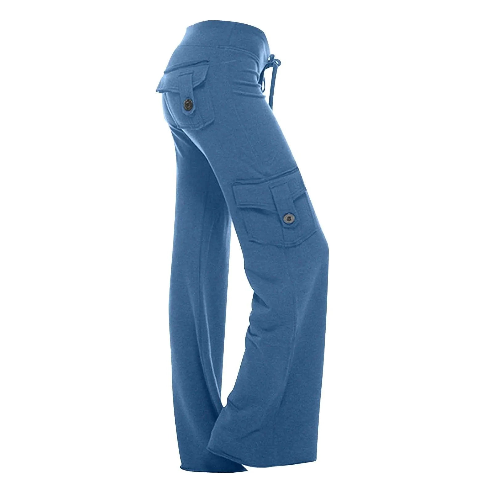 Mandotos P-993 Royal Blue women’s stretch cargo scrub pants with loose fit, flare bell bottom, straight leg, elastic waist, long bootcut style.