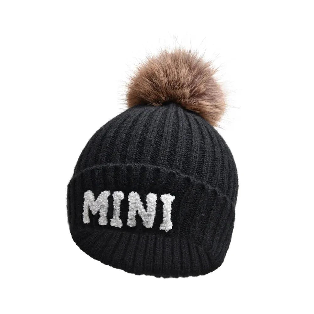 Kunyeah 3Pcs Parent-Child Beanie Hat Mama Papa Baby Matching Hats Winter Warm Cap with Pom-Pom Women Men Knitted Hat - MANDOTOS