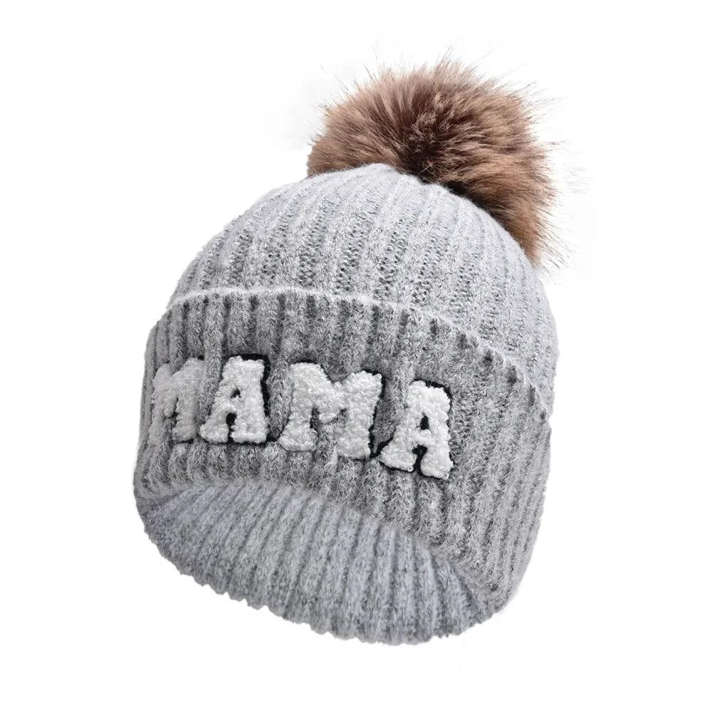 Kunyeah 3Pcs Parent-Child Beanie Hat Mama Papa Baby Matching Hats Winter Warm Cap with Pom-Pom Women Men Knitted Hat - MANDOTOS