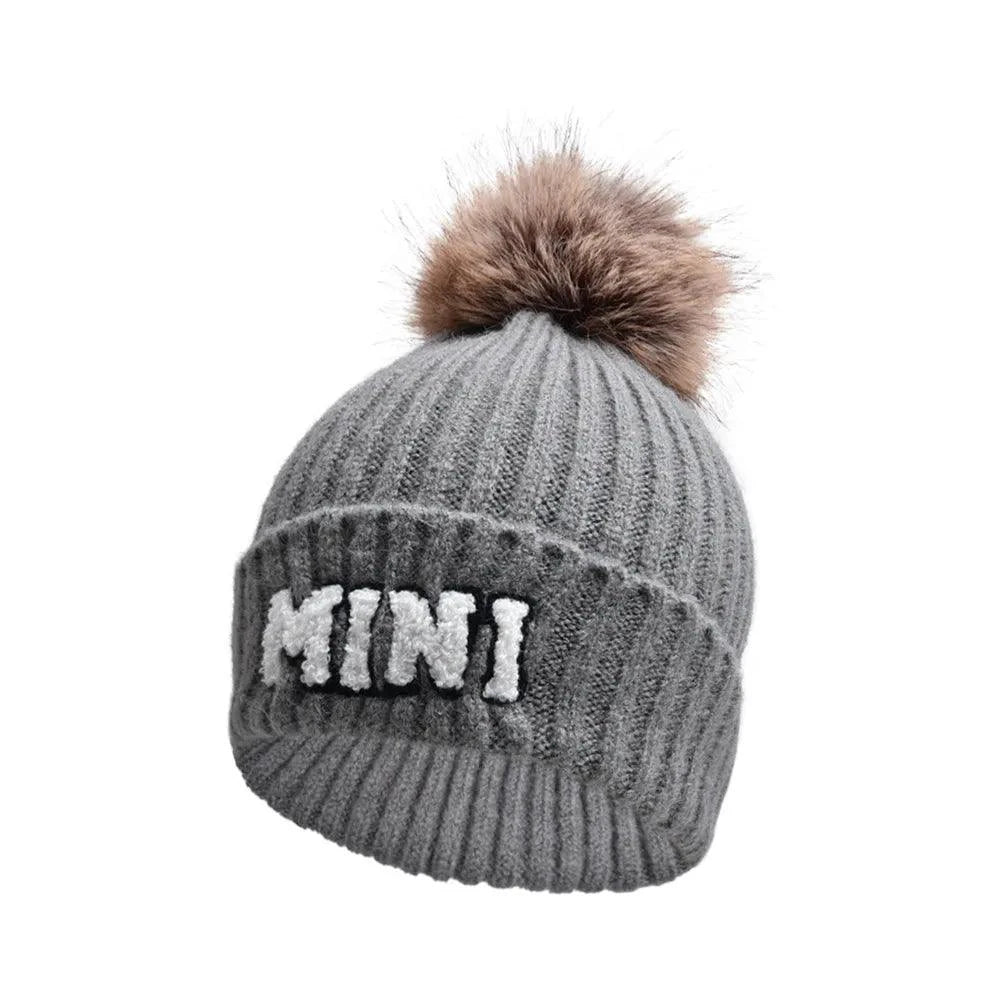 Kunyeah 3Pcs Parent-Child Beanie Hat Mama Papa Baby Matching Hats Winter Warm Cap with Pom-Pom Women Men Knitted Hat - MANDOTOS