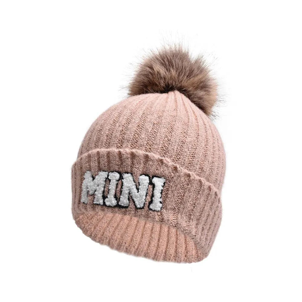 Kunyeah 3Pcs Parent-Child Beanie Hat Mama Papa Baby Matching Hats Winter Warm Cap with Pom-Pom Women Men Knitted Hat - MANDOTOS