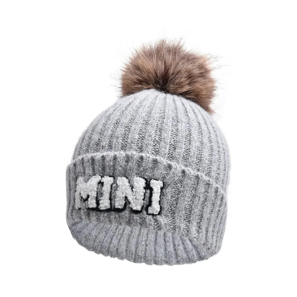 Kunyeah 3Pcs Parent-Child Beanie Hat Mama Papa Baby Matching Hats Winter Warm Cap with Pom-Pom Women Men Knitted Hat - MANDOTOS