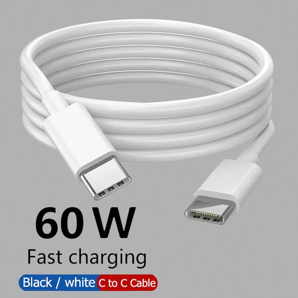 Mandotos 60W USB-C to USB-C fast charge data cable in black and white, available in 1m, 2m, and 3m lengths for smartphones.