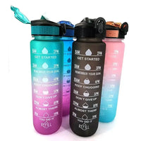 Mandotos PeakHydrate motivational water bottle with colorful design and secure lid, ideal for staying hydrated during workouts.