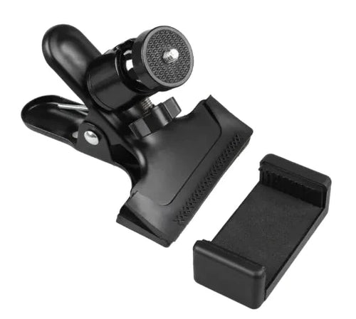 Mandotos Phone Guitar Clip Stand holding a smartphone, adjustable design for easy viewing and hands-free use.