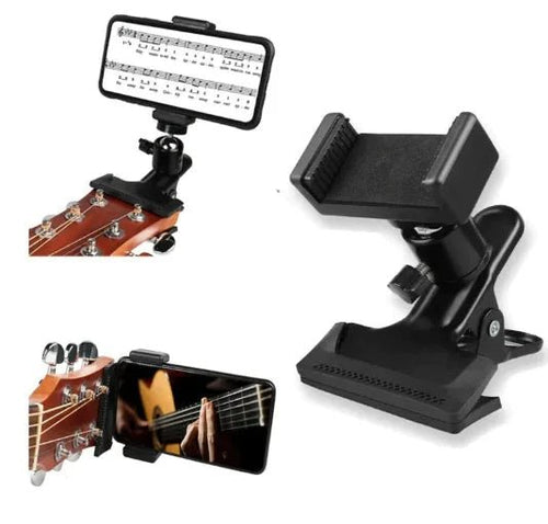 Mandotos Phone Guitar Clip Stand holding a smartphone, adjustable clip design for hands-free use and easy viewing.