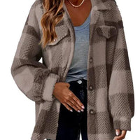 Mandotos plaid wool jacket with turndown collar, featuring warm, cozy fabric and classic checked pattern for stylish winter wear.