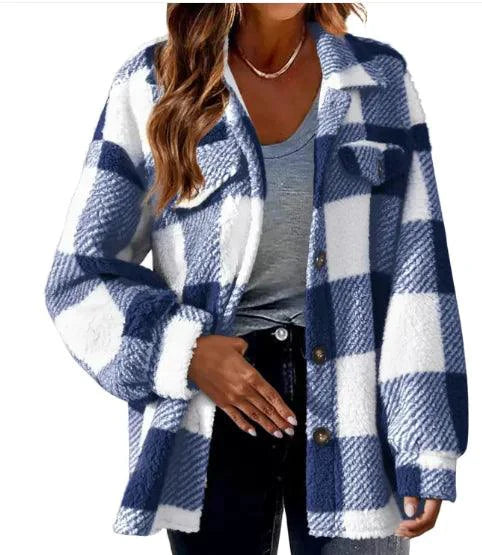 Mandotos plaid wool jacket with turndown collar, featuring a stylish checkered pattern and cozy fabric for cold weather.