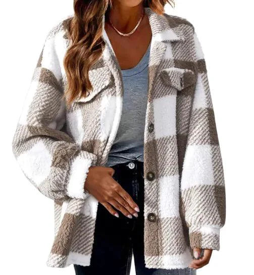 Mandotos plaid wool jacket with turndown collar, featuring a stylish checkered pattern and warm, cozy fabric.