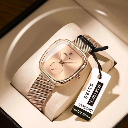 Mandotos POEDAGAR elegant women's mesh watch with waterproof stainless steel band and quartz movement.