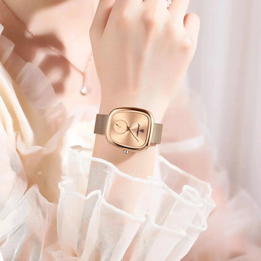 Mandotos POEDAGAR women's mesh watch with waterproof stainless steel case and quartz movement, stylish for ladies.
