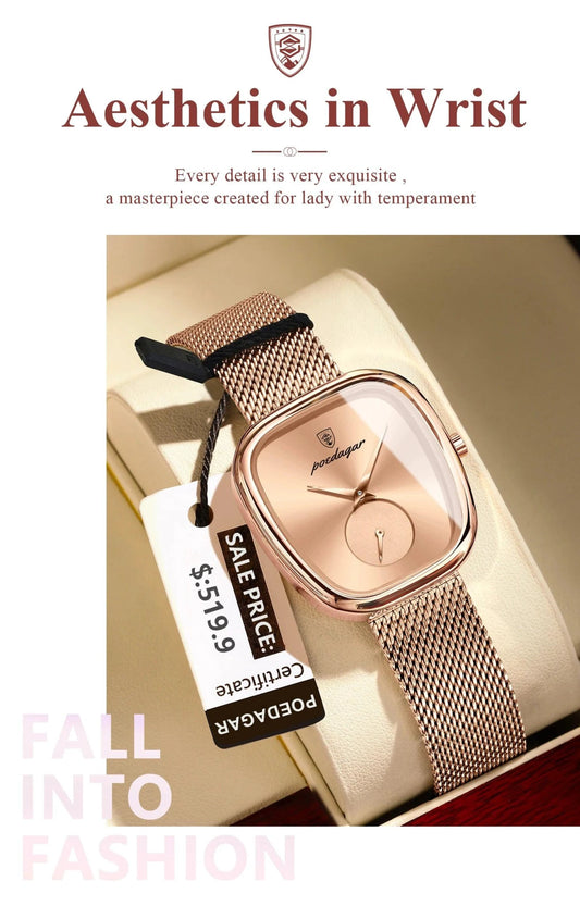 Mandotos POEDAGAR women's mesh watch with stainless steel band, waterproof quartz movement, stylish for ladies.