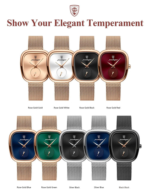 Mandotos POEDAGAR women's mesh waterproof stainless steel quartz watch, elegant timepiece for stylish ladies.