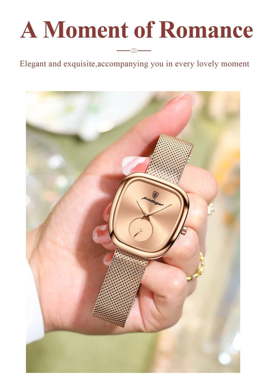 Mandotos POEDAGAR women's mesh watch with waterproof stainless steel case and quartz movement, stylish for ladies.
