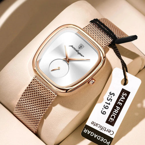 Mandotos POEDAGAR elegant women's mesh stainless steel waterproof quartz watch showing a sleek watch face and stylish design.