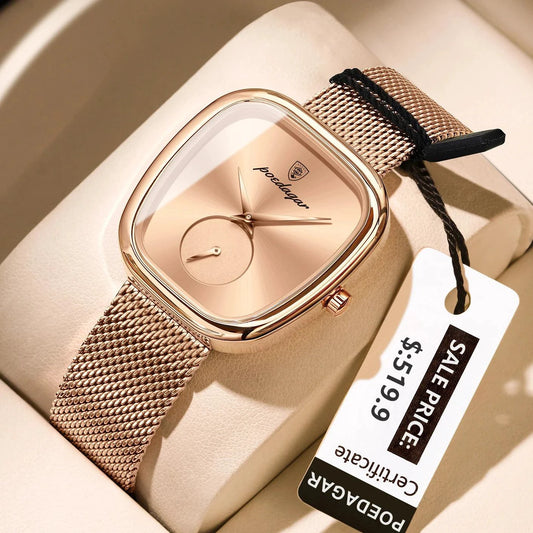 Mandotos POEDAGAR women's mesh watch with waterproof stainless steel case and quartz movement, stylish and elegant for women.