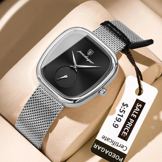 Mandotos POEDAGAR elegant women's mesh watch with waterproof stainless steel band and quartz movement, stylish for ladies.