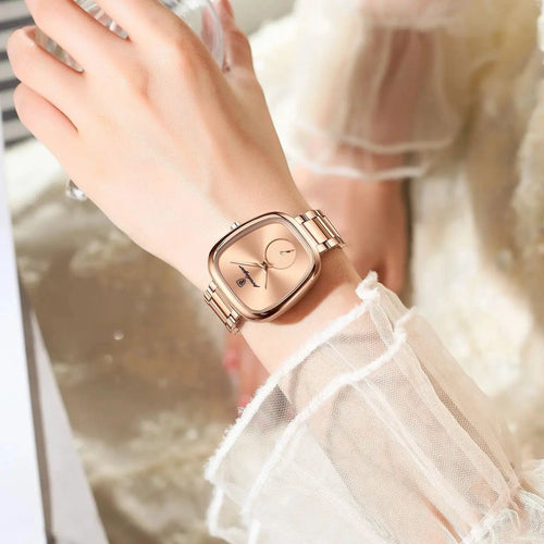 Mandotos POEDAGAR elegant women's quartz watch with stainless steel band, waterproof timepiece for confident ladies.