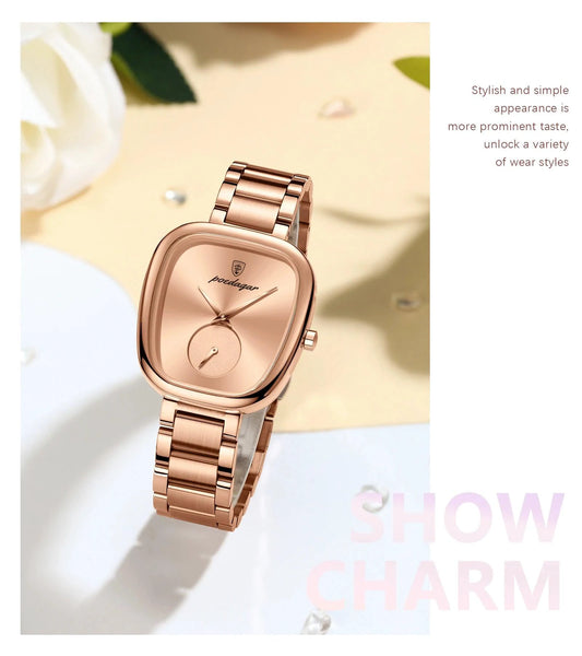 Mandotos POEDAGAR elegant women's quartz watch with waterproof stainless steel band, stylish timepiece for confident ladies.
