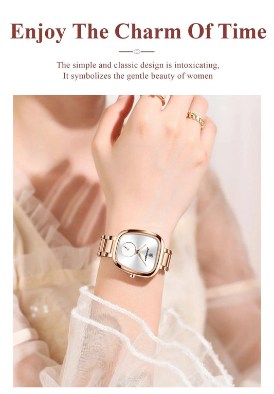 Mandotos POEDAGAR elegant women's quartz watch with waterproof stainless steel band, stylish timepiece for confident ladies.
