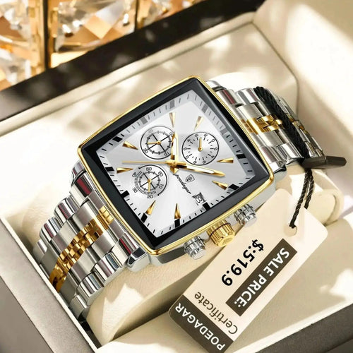 Mandotos POEDAGAR luxury men's chronograph watch with stainless steel strap, luminous dial, waterproof, sporty design.
