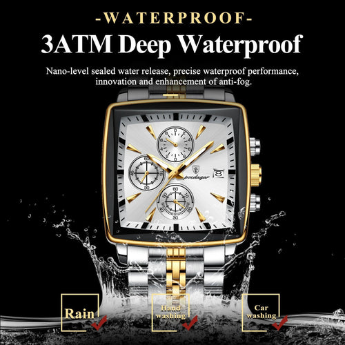 Mandotos POEDAGAR luxury men's chronograph watch with stainless steel band, luminous dial, waterproof, sporty design.