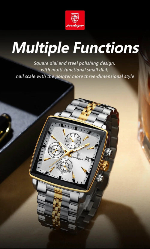 Mandotos POEDAGAR men's luxury chronograph watch with stainless steel band, luminous dial, waterproof, sporty design.