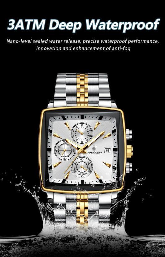 Mandotos POEDAGAR men's luxury chronograph watch with stainless steel case, luminous dial, waterproof design, sporty style.