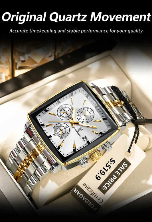Mandotos POEDAGAR luxury men's chronograph watch with stainless steel band, luminous dial, waterproof, sporty design