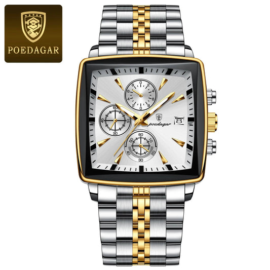 Mandotos POEDAGAR luxury men's chronograph watch with stainless steel strap, luminous dial, waterproof, sporty design.
