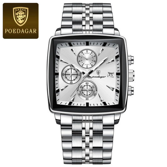 Mandotos POEDAGAR men's luxury chronograph watch with stainless steel band, luminous dial, waterproof, sporty design.