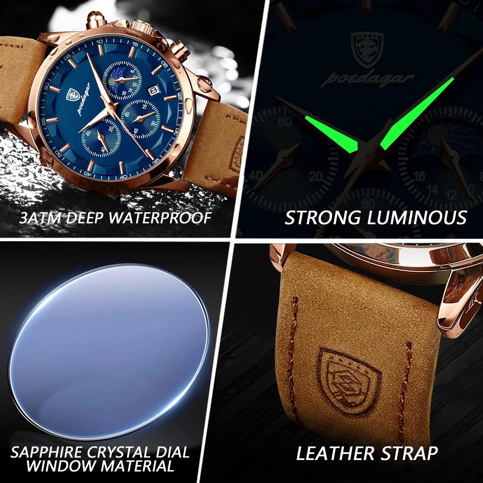 POEDAGAR Men Quartz Watch Luxury Sports Waterproof Chronograph Luminous Date Man Wristwatch Business Leather Men's Watches Clock - MANDOTOS