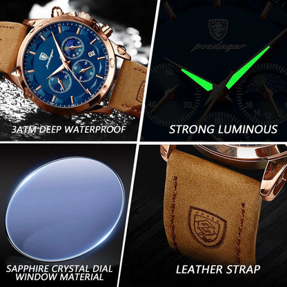 POEDAGAR Men Quartz Watch Luxury Sports Waterproof Chronograph Luminous Date Man Wristwatch Business Leather Men's Watches Clock - MANDOTOS