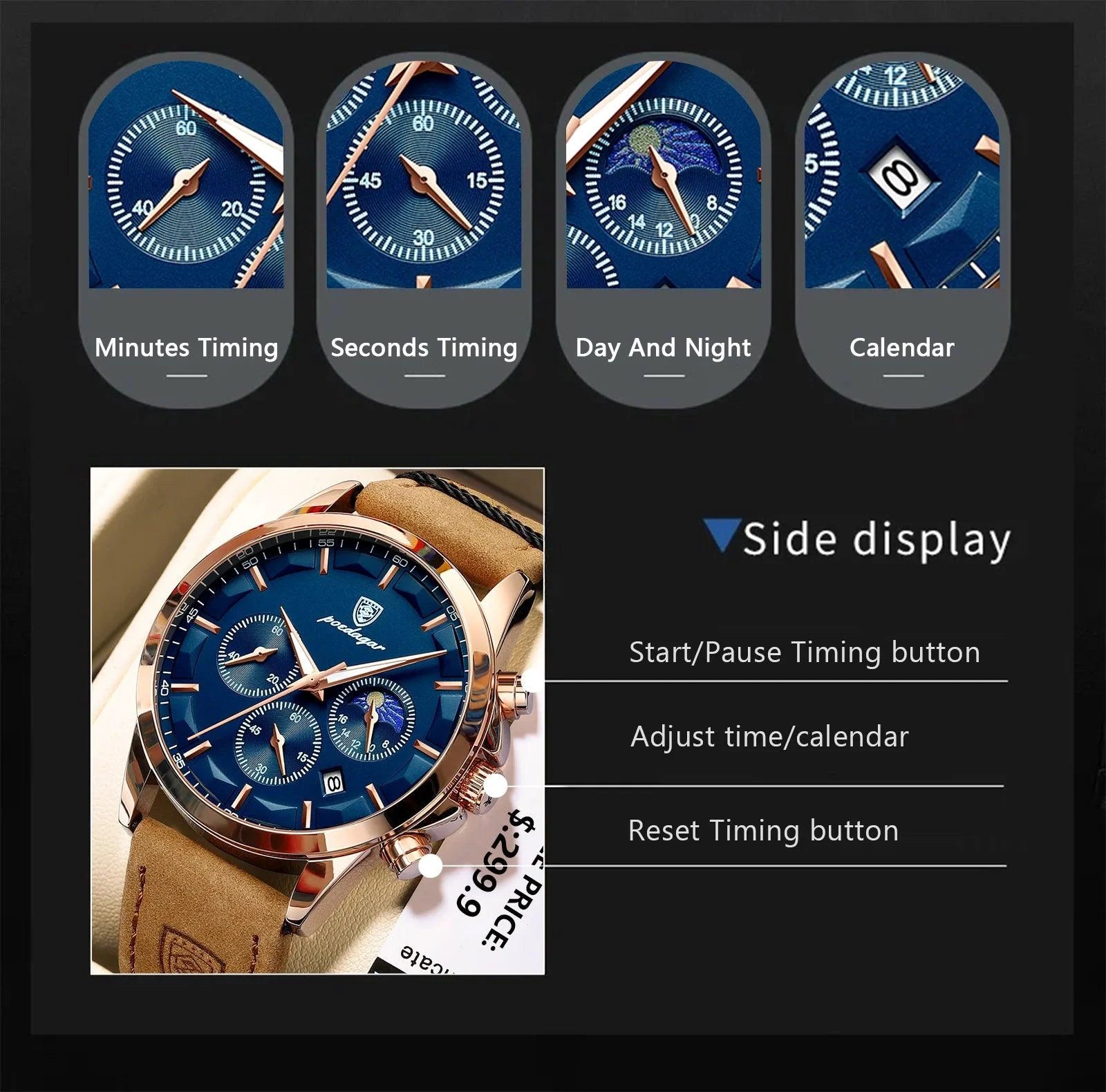 POEDAGAR Men Quartz Watch Luxury Sports Waterproof Chronograph Luminous Date Man Wristwatch Business Leather Men's Watches Clock - MANDOTOS