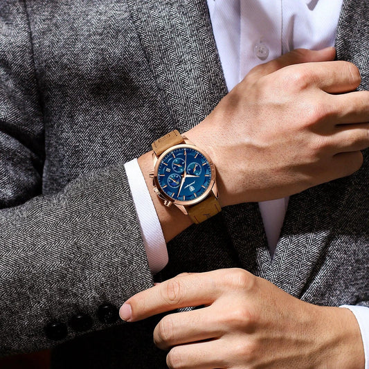 Mandotos POEDAGAR luxury men's chronograph watch with waterproof case, luminous dial, and leather strap.