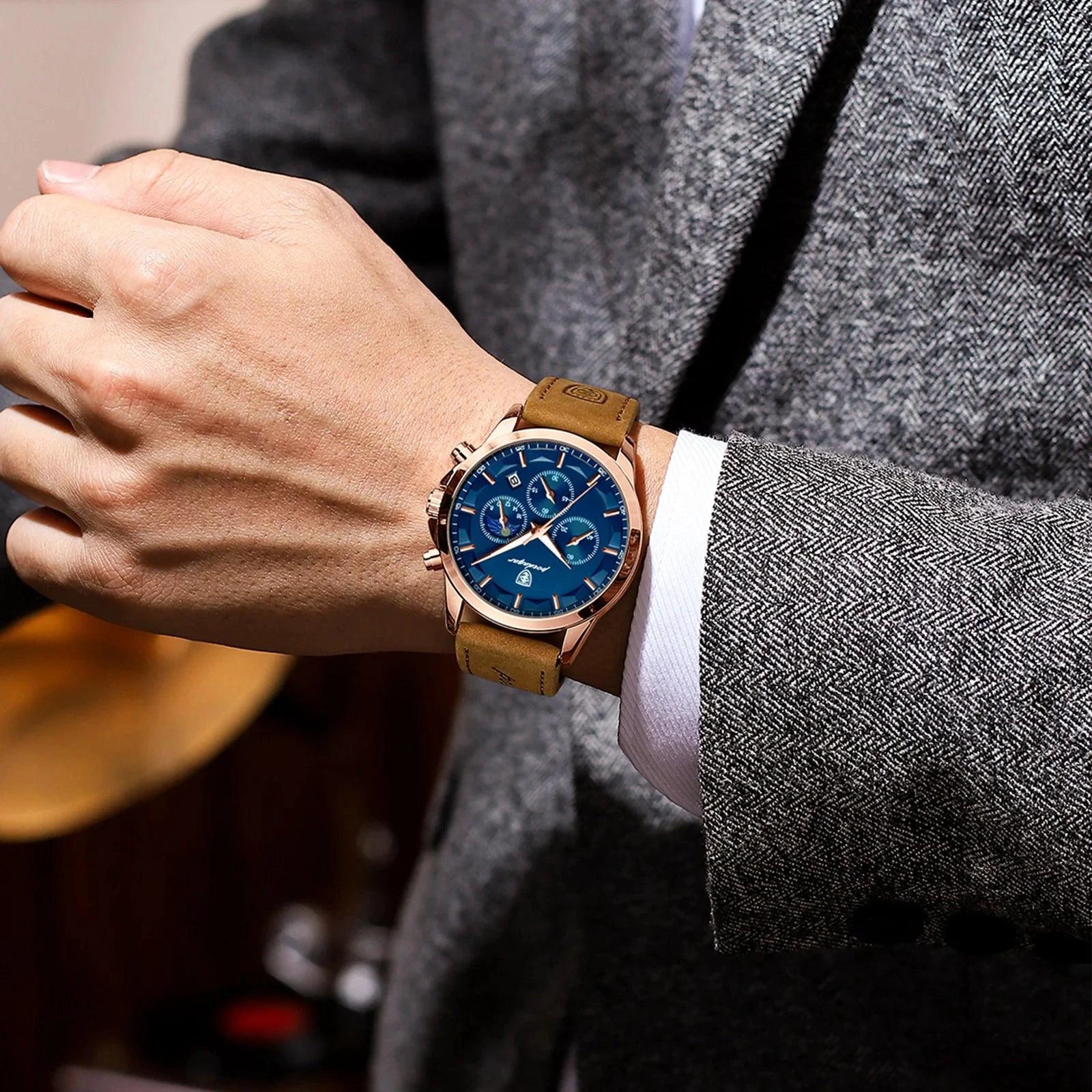 POEDAGAR Men Quartz Watch Luxury Sports Waterproof Chronograph Luminous Date Man Wristwatch Business Leather Men's Watches Clock - MANDOTOS