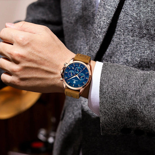 Mandotos POEDAGAR luxury men's chronograph watch with waterproof design, luminous dial, and leather strap.