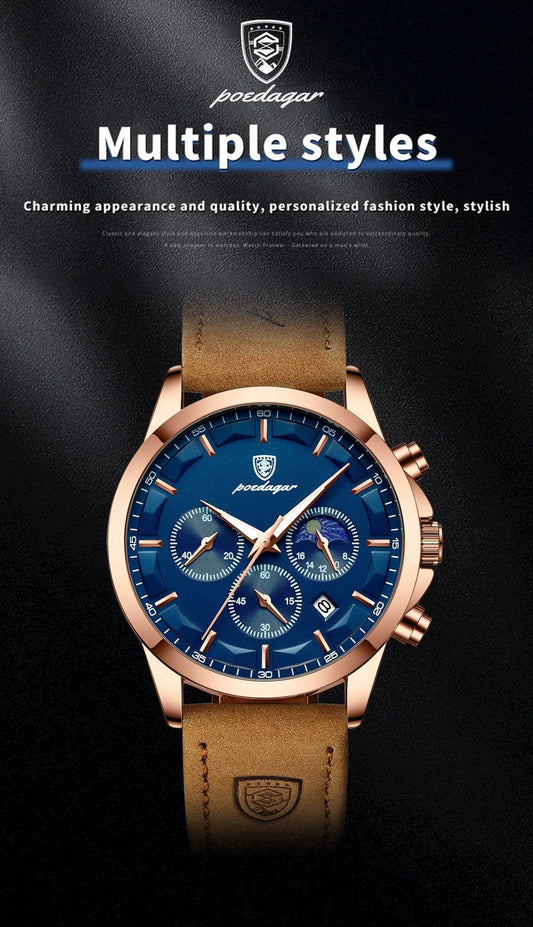 Mandotos POEDAGAR luxury men's chronograph watch with waterproof design, luminous dial, and leather strap on a wrist.