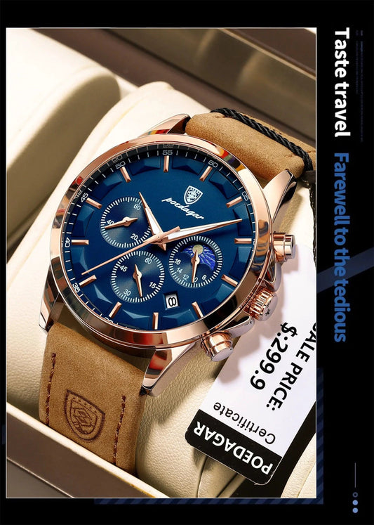 Mandotos POEDAGAR luxury men's chronograph watch with waterproof design, luminous dial, and leather strap.