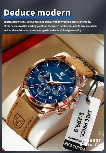POEDAGAR Men Quartz Watch Luxury Sports Waterproof Chronograph Luminous Date Man Wristwatch Business Leather Men's Watches Clock - MANDOTOS