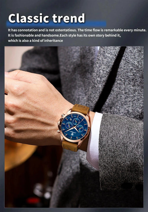 Mandotos POEDAGAR luxury men's chronograph watch with waterproof design, luminous dial, and leather strap.
