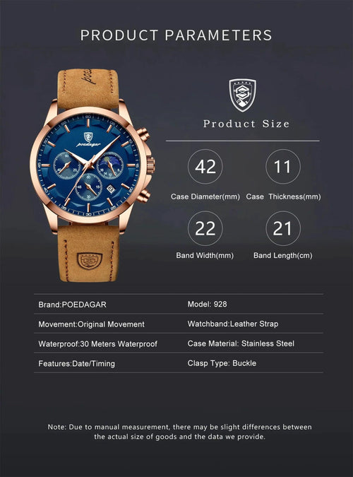 Mandotos POEDAGAR luxury men's chronograph watch with waterproof design, luminous dial, and leather strap.