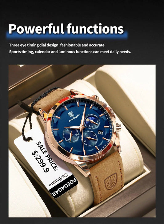 Mandotos POEDAGAR luxury men's chronograph watch with waterproof design, luminous dial, and leather strap.