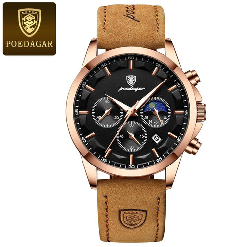 Mandotos POEDAGAR luxury men's chronograph watch with waterproof design, luminous dial, and leather strap.