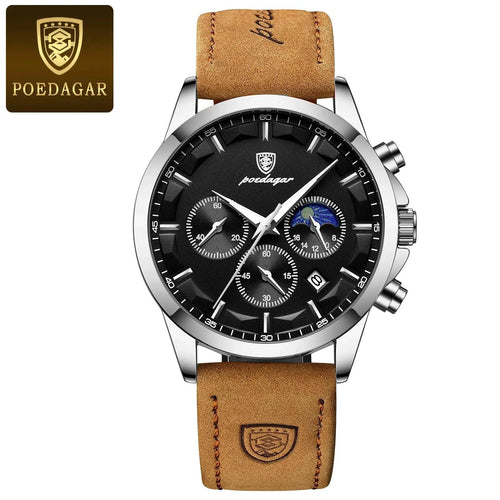 Mandotos POEDAGAR luxury men's chronograph watch with waterproof design, luminous dial, and leather strap.