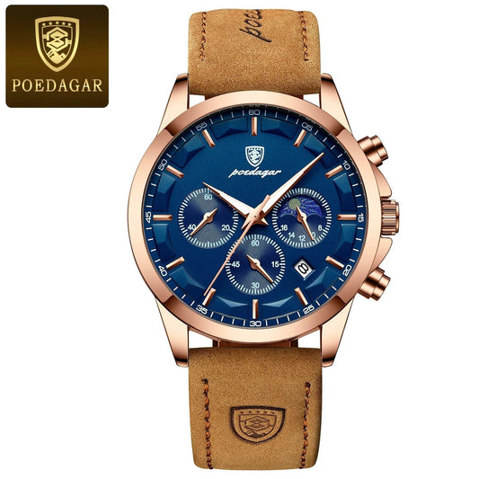 Mandotos POEDAGAR luxury men's chronograph watch with waterproof design, luminous dial, and leather strap.