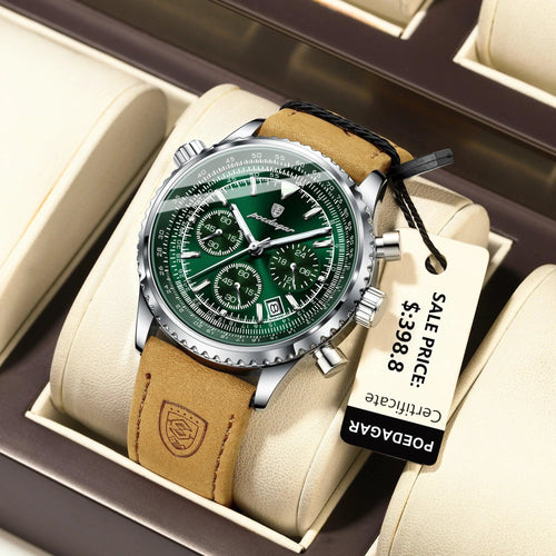 Mandotos POEDAGAR men's luxury quartz chronograph watch with leather strap, waterproof, luminous dial, military sports style.