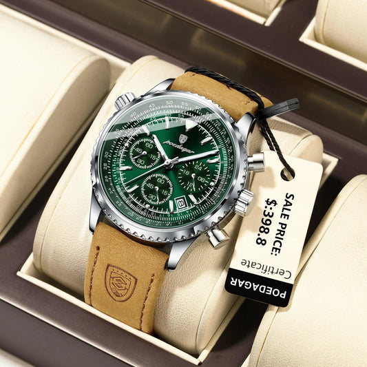 Mandotos POEDAGAR men's luxury quartz chronograph watch with leather strap, waterproof, luminous dial, military sports style.